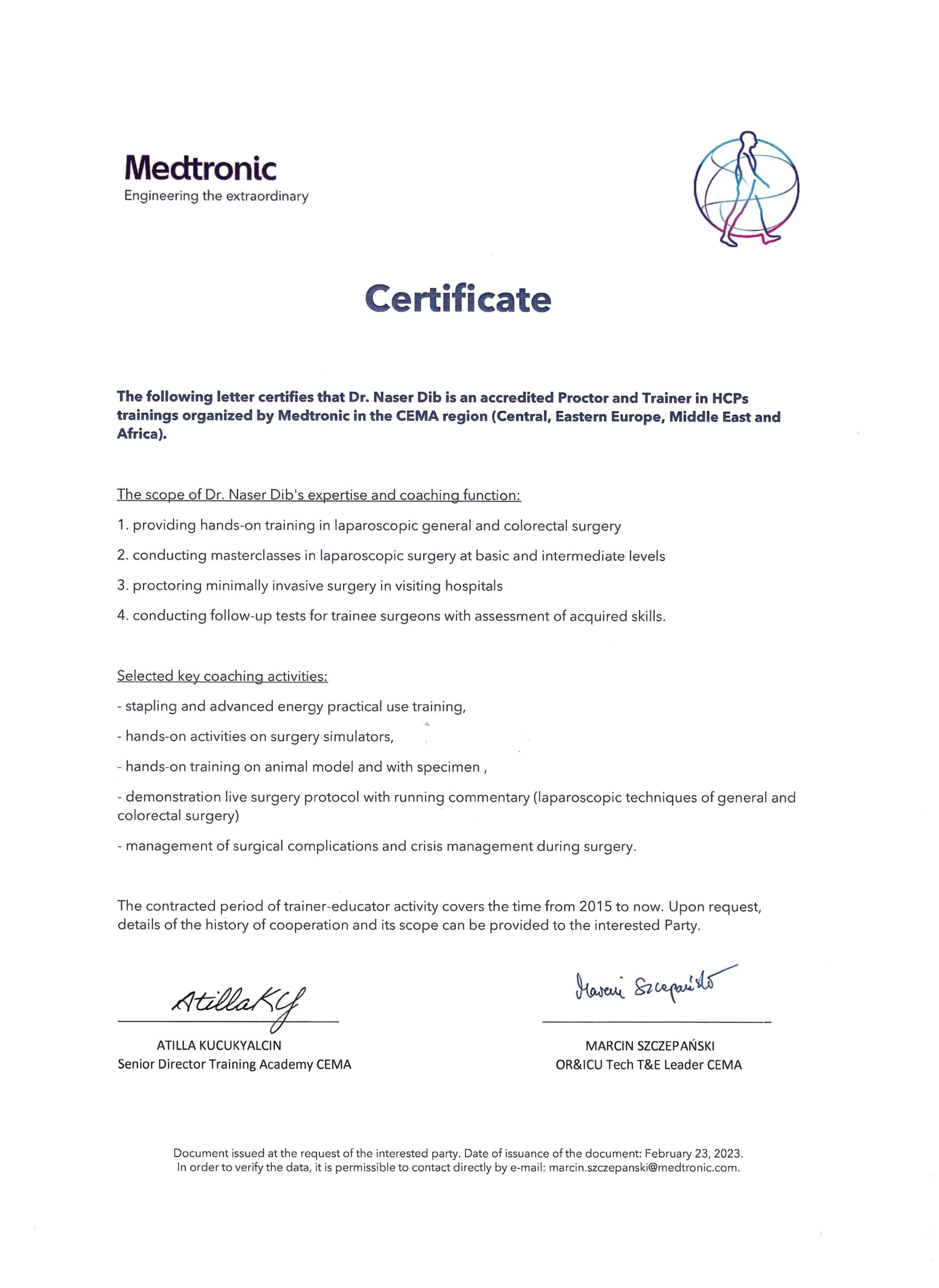 Medtronic Proctor and Trainer Record — original document naming Naser Dib