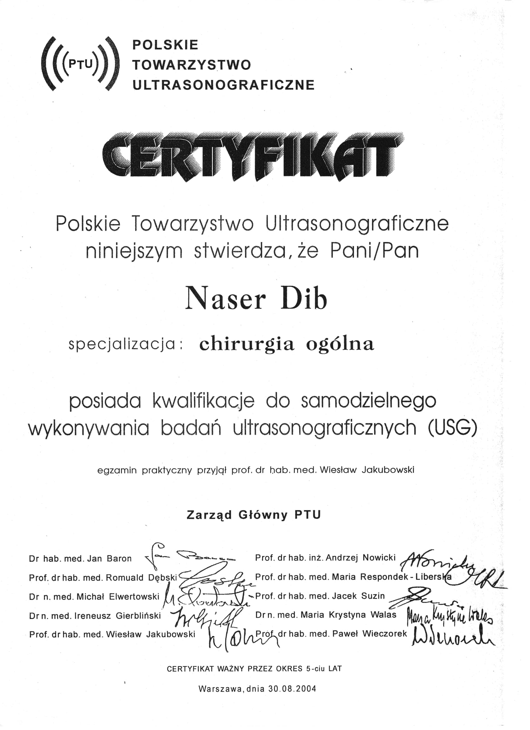 Polish Ultrasound Society Certificate — original document naming Naser Dib