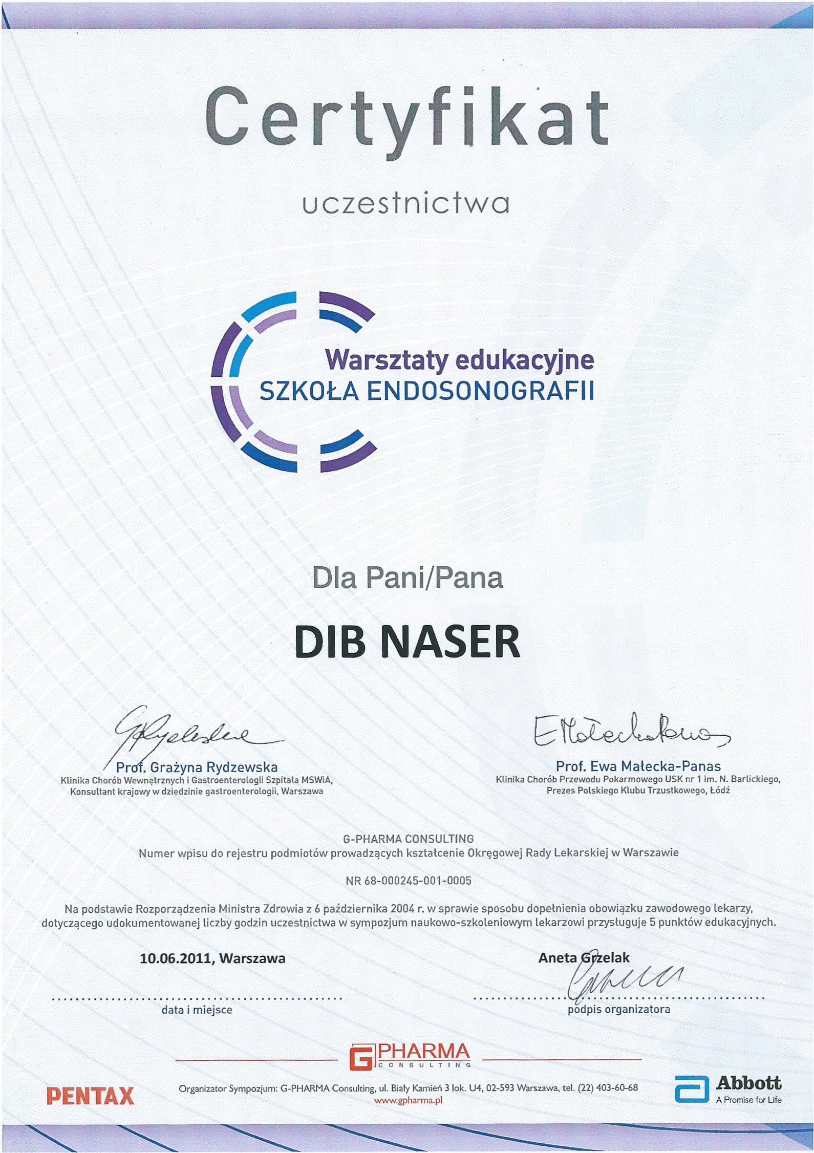 School of Endosonography Workshop — original document naming Naser Dib
